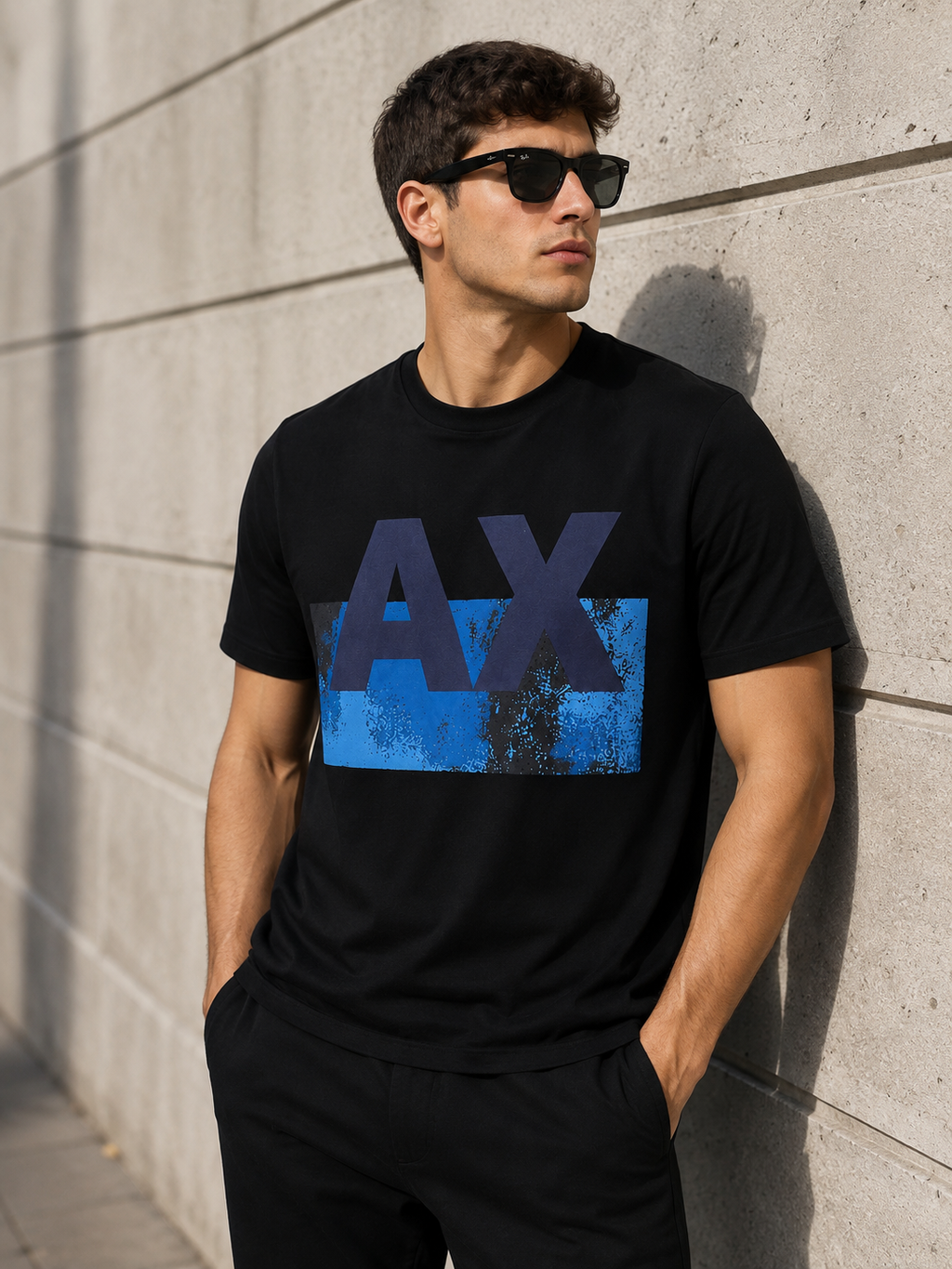 Armani Exchange Tricou Premium Bărbați Negru – Logo AX Albastru