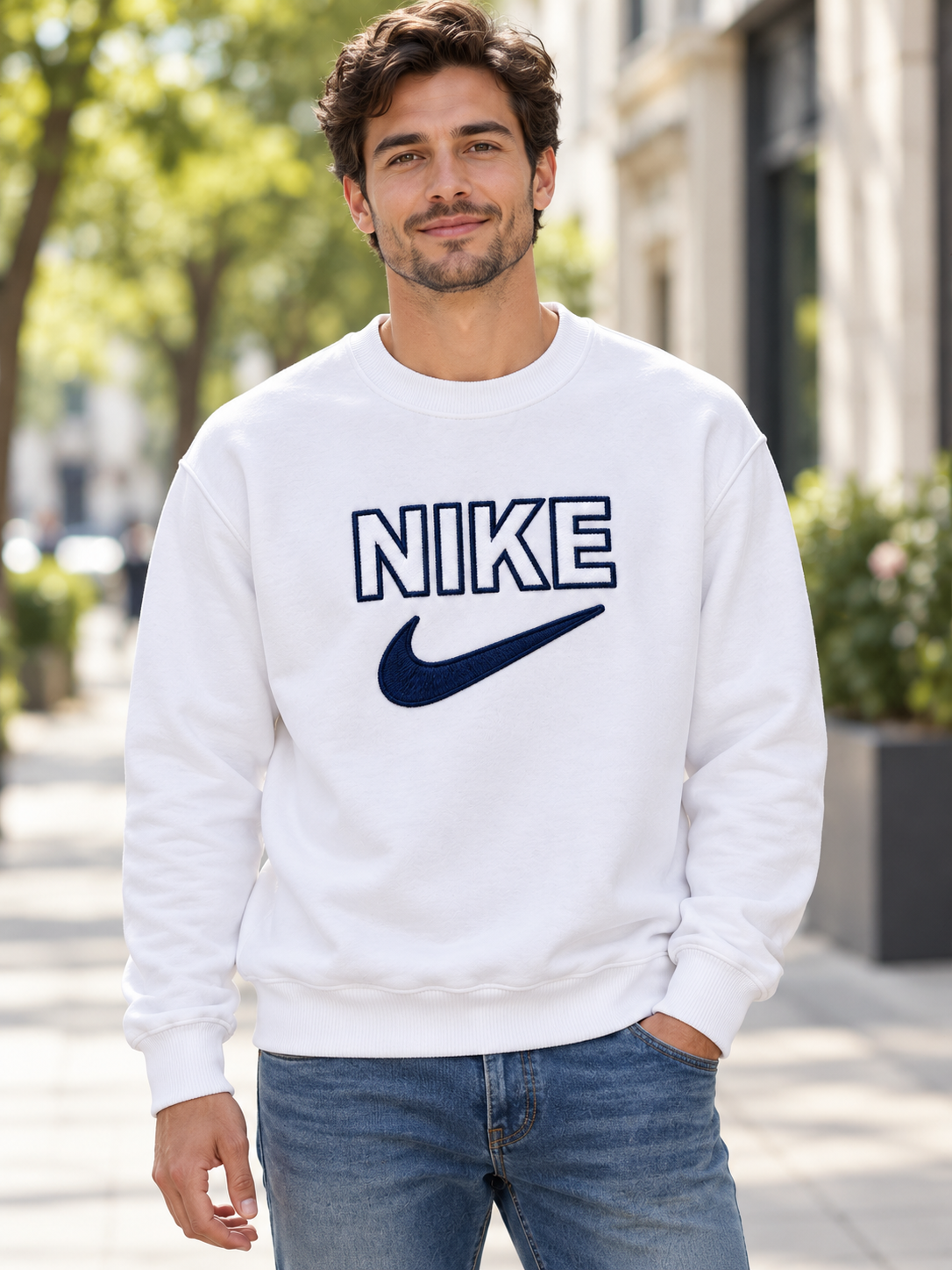 Bluză Nike albă purtată afară