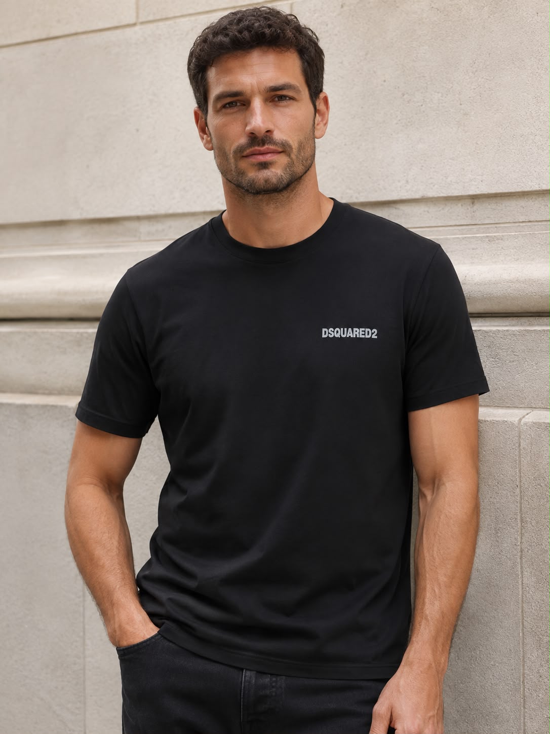 DSQUARED2 Tricou Negru Bărbați cu Logo Aplicat Gri-Argintiu